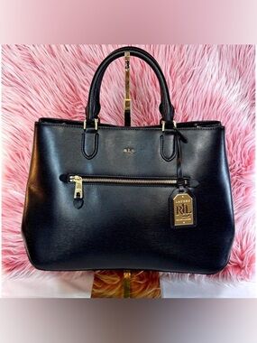Lauren Ralph Lauren Saffiano Newbury Sabine Satchel Black Leather Gold Hardware